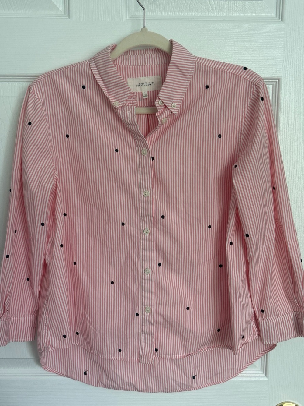 THE GREAT. Pink Striped Button-Down with Black Dot Embroidery